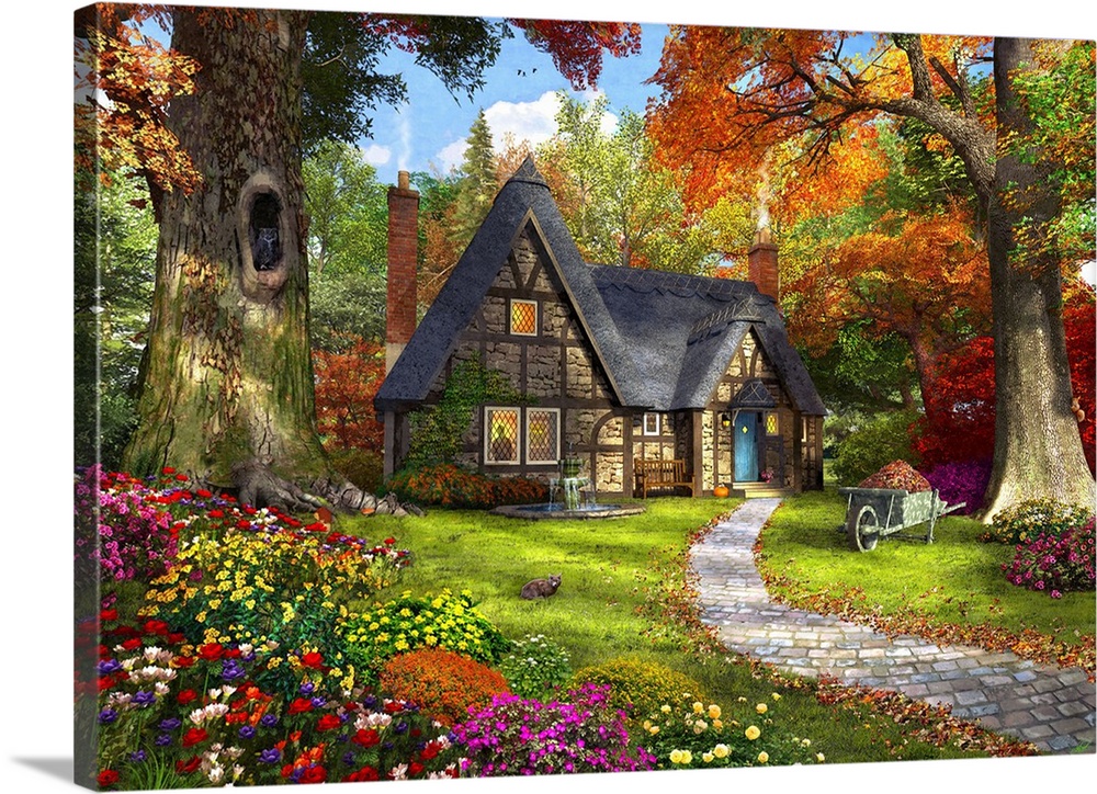 Illustration of a small cozy cottage in a Autumnal woodland.