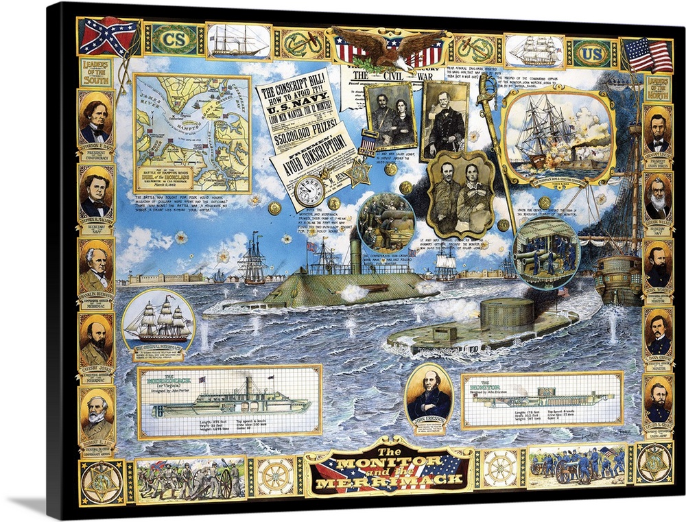 Detailed illustration telling the story of the epic US Civil War battle between the two ironclad warships, Monitor and Mer...
