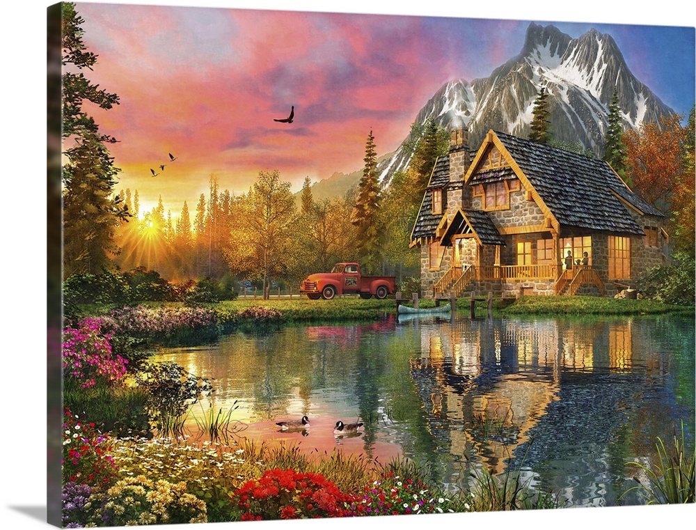 Illustration of a mountain cabin surrounded by snow capped mountains.