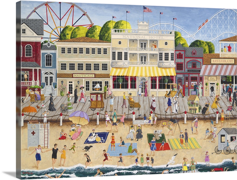 Americana scene of a busy pier with beachgoers and carnival rides.