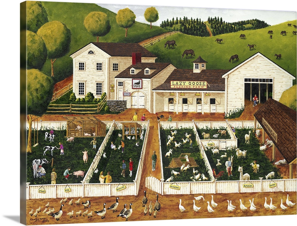 Americana scene of a small farm with chickens, pigs, cows, and sheep to pet.
