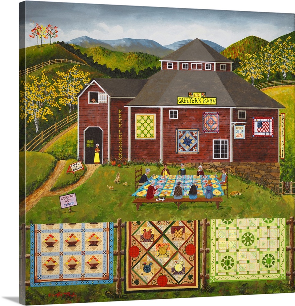 Americana scene of a barn selling quilts with women in a quilting circle.