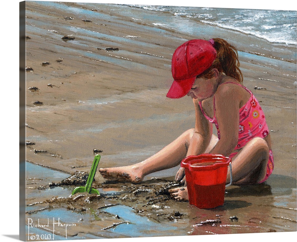 Contemporary artwork of a little girl playing in the sand on the beach.