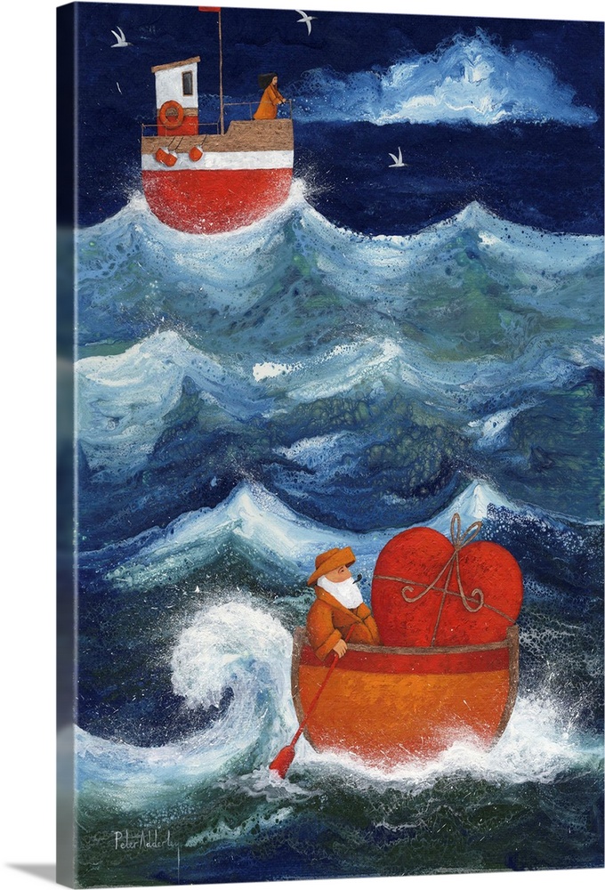 Contemporary painting of a man in small row boat with a giant heart shaped present in it.