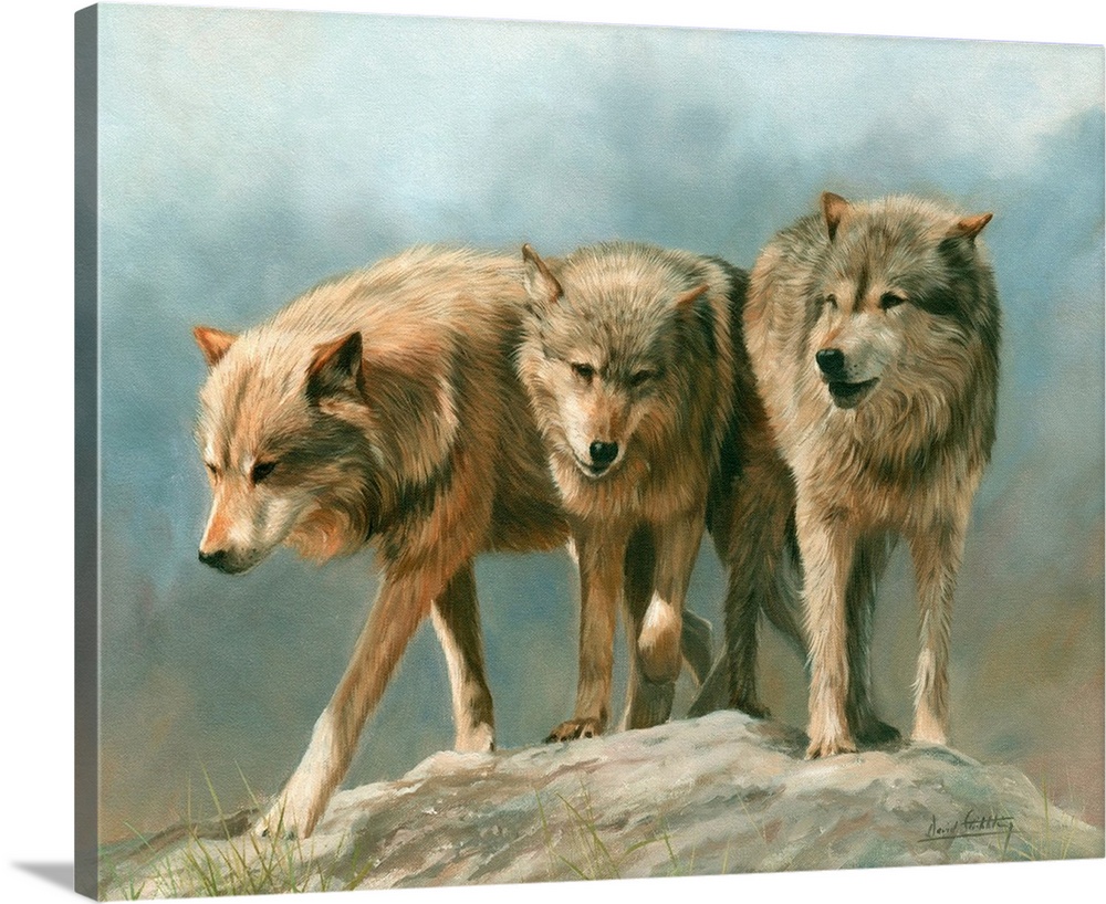 Three Grey Wolves. Oil on canvas.