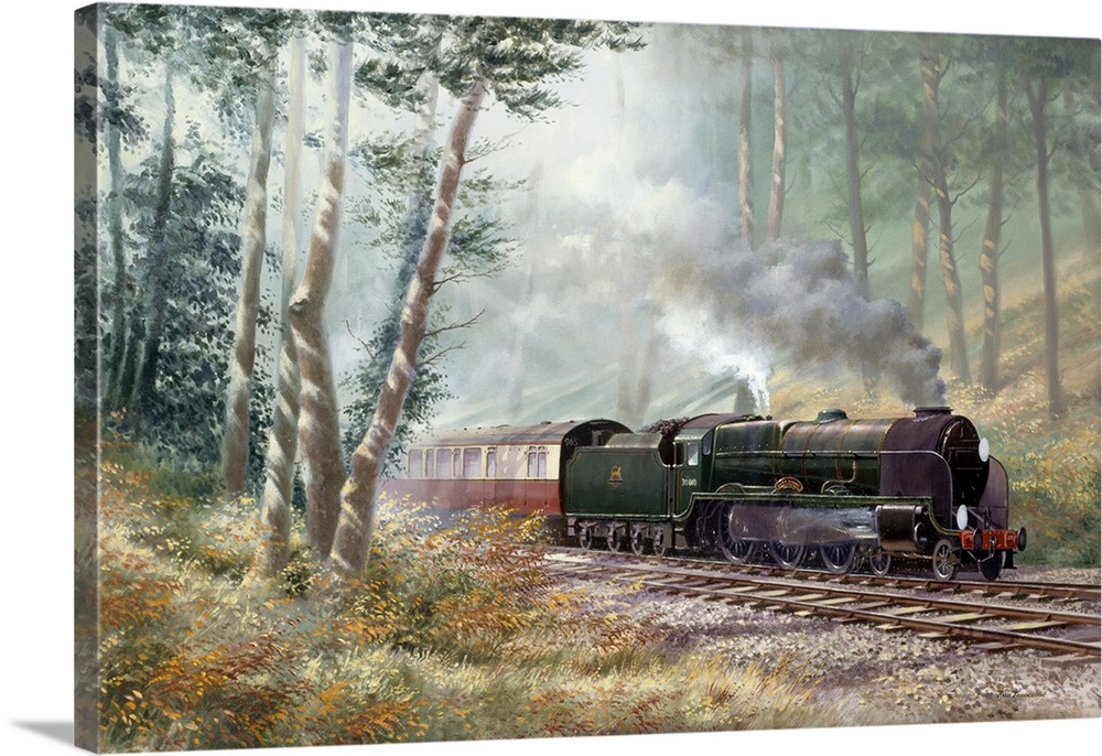Contemporary painting of a train traveling through a rural landscape.