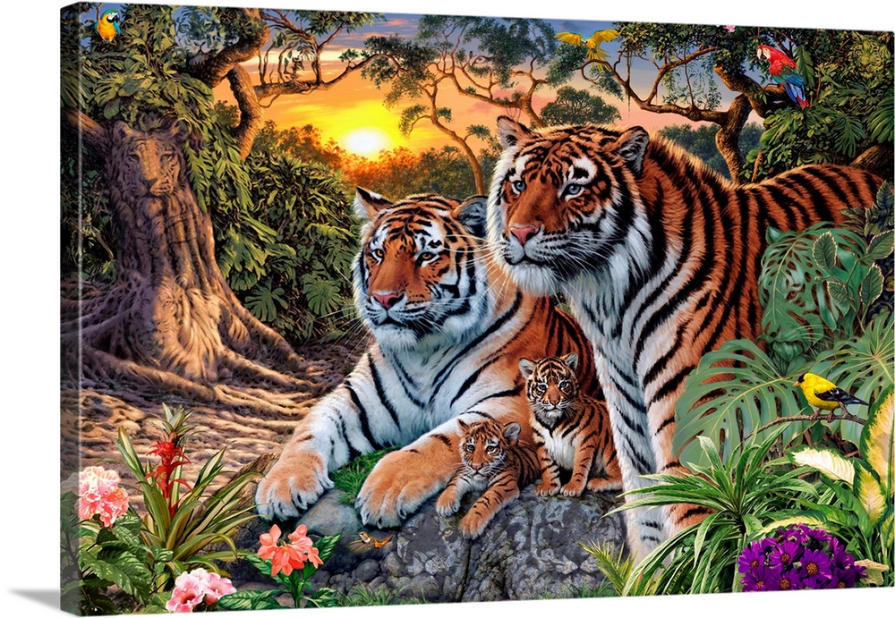 Horizontal artwork on a large wall hanging of  a a male and female tiger with their two tiger cubs, resting on the ground ...