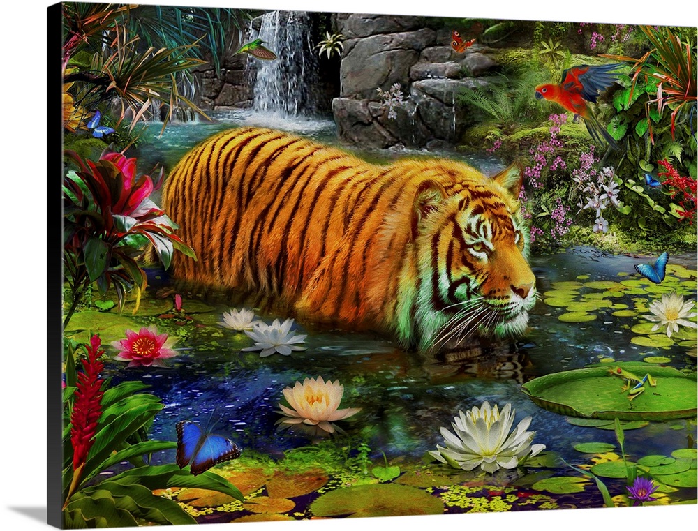 Whimsy illustration of a tiger walking through water full of flowers and lily pads, with a waterfall in the background.