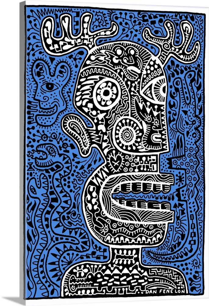 Contemporary abstract artwork of a monster head with intricate and detailed patterns, against a blue background