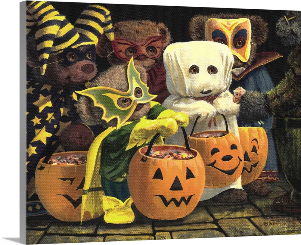 Little teddy bears wearing Halloween costumes and holding bags of candy.