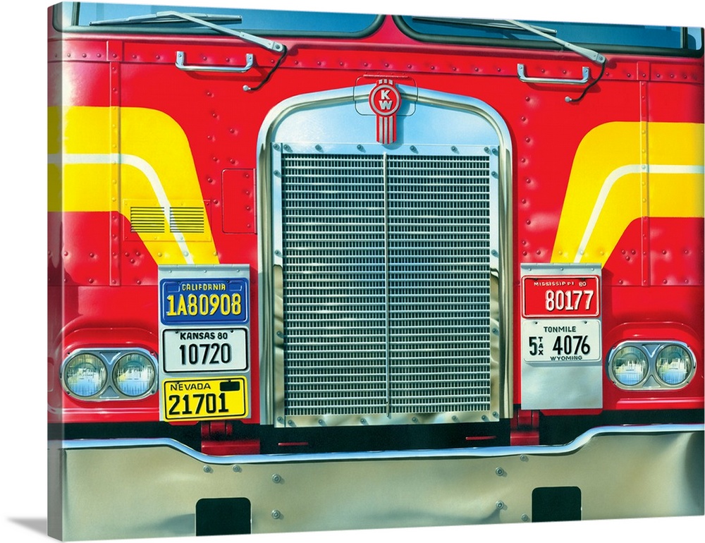 Contemporary artwork of the front of a very large red truck with yellow stripes.