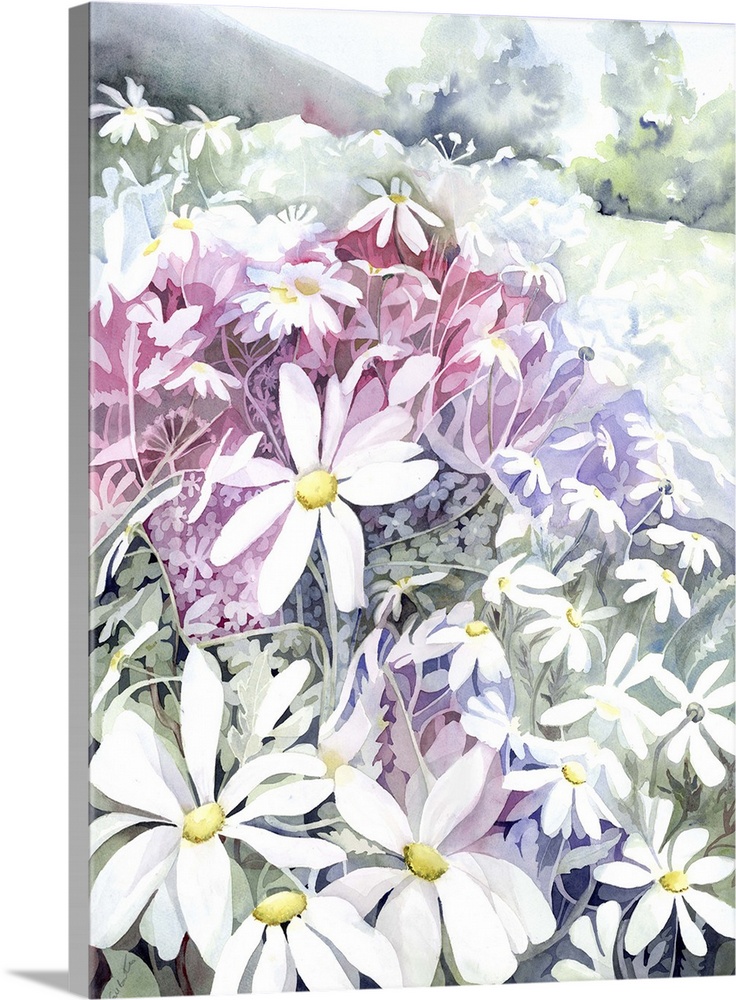 Watercolor artwork of a field of flowers.