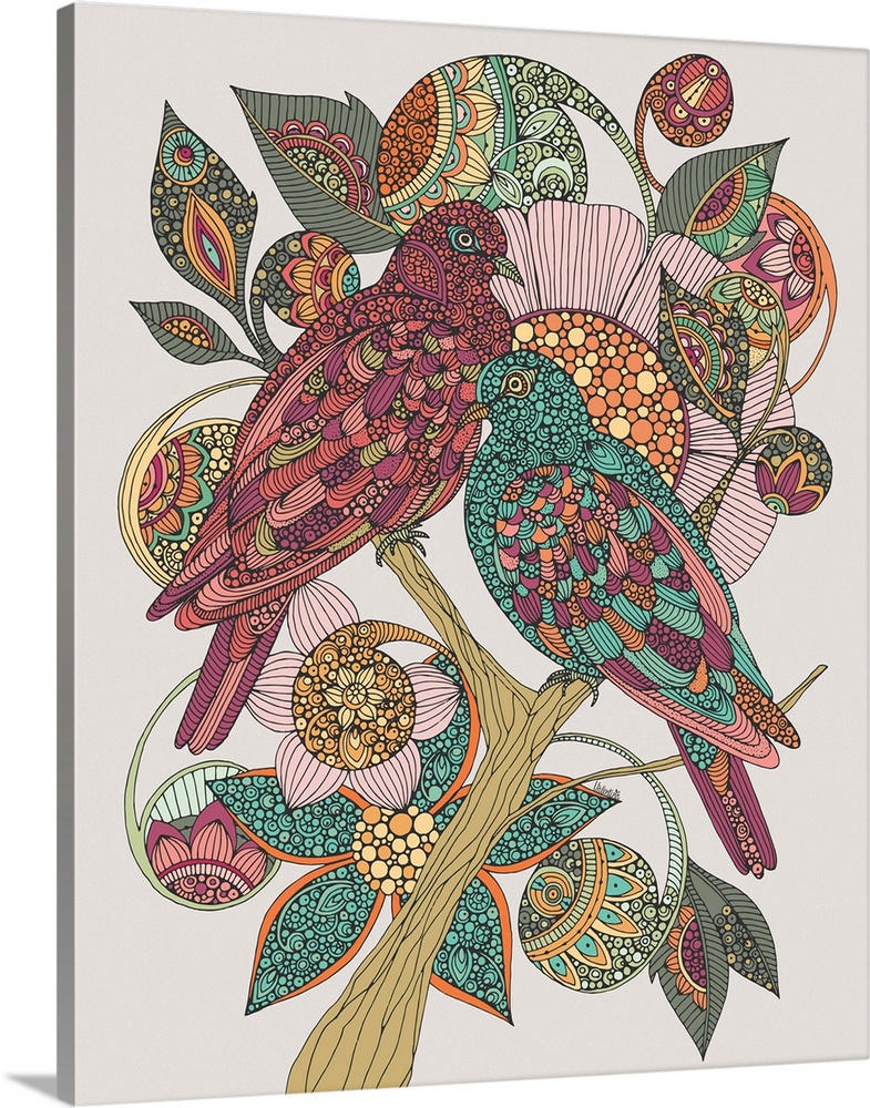 Stunning illustration of two Turtle doves sitting on a branch surrounded by leaves and paisley swirls. Illustrated in intr...