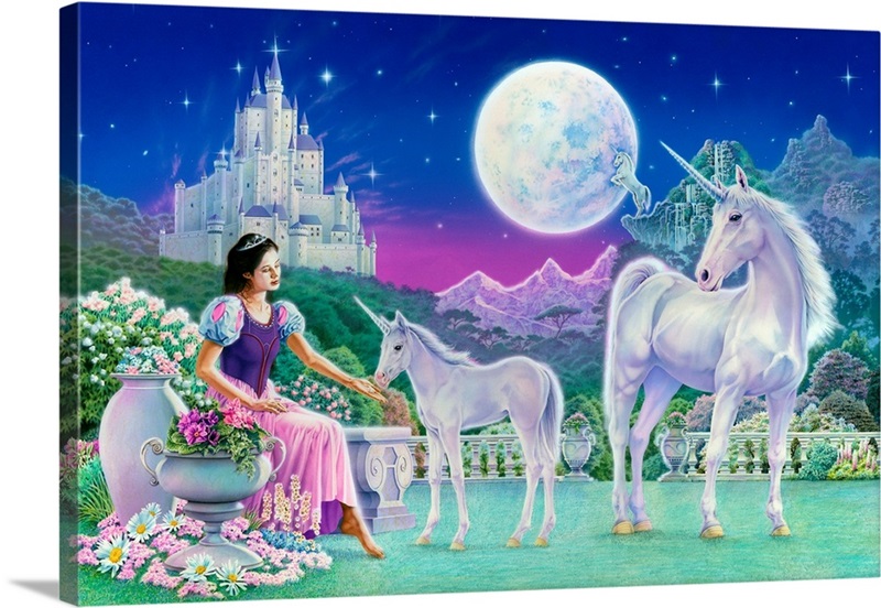 Unicorn Princess Feeding Foal Wall Art, Canvas Prints, Framed Prints