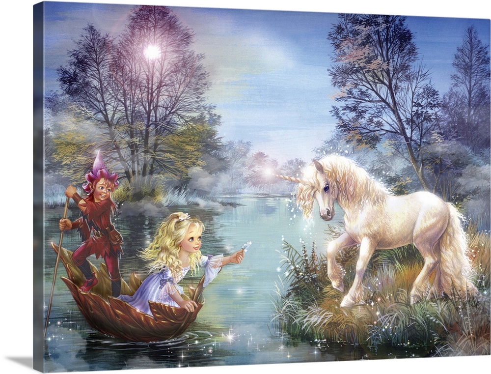 Fantasy style artwork of a little girl in a large floating leaf as she holds out her hand with an object to give a unicorn...