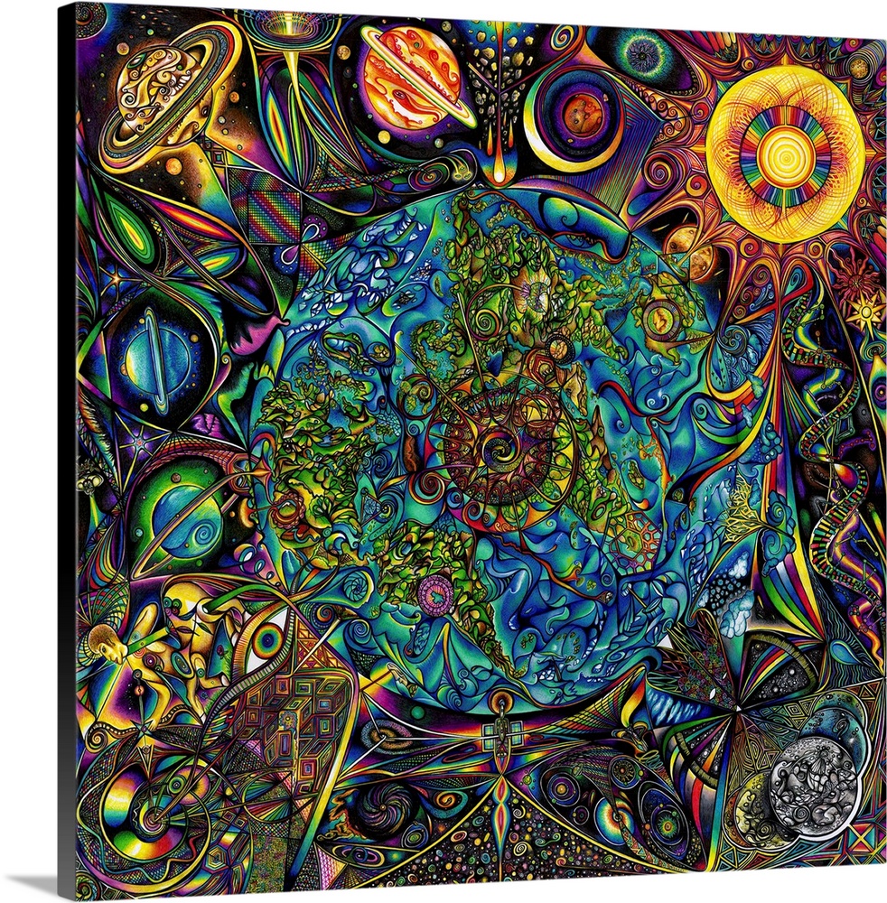 Square, intricate, psychedelic, illustration of the universe with Earth in the center surrounded by the planets and space.