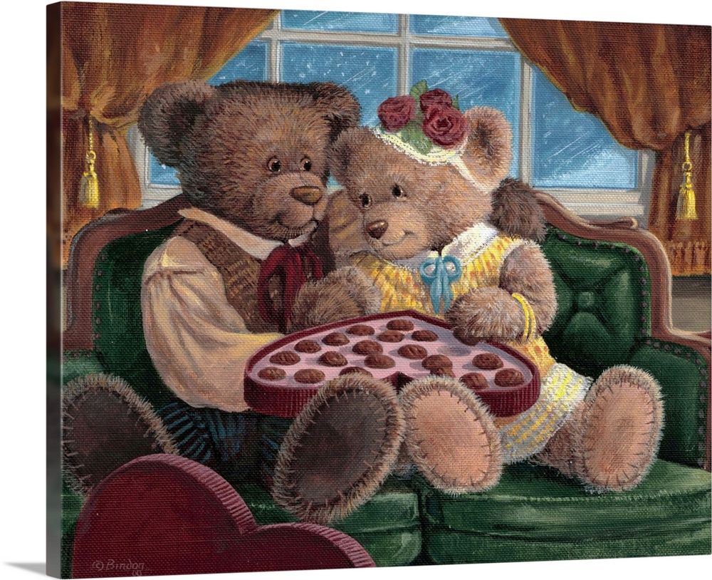 Two teddy bears sharing a giant candy filled heart for Valentines day.
