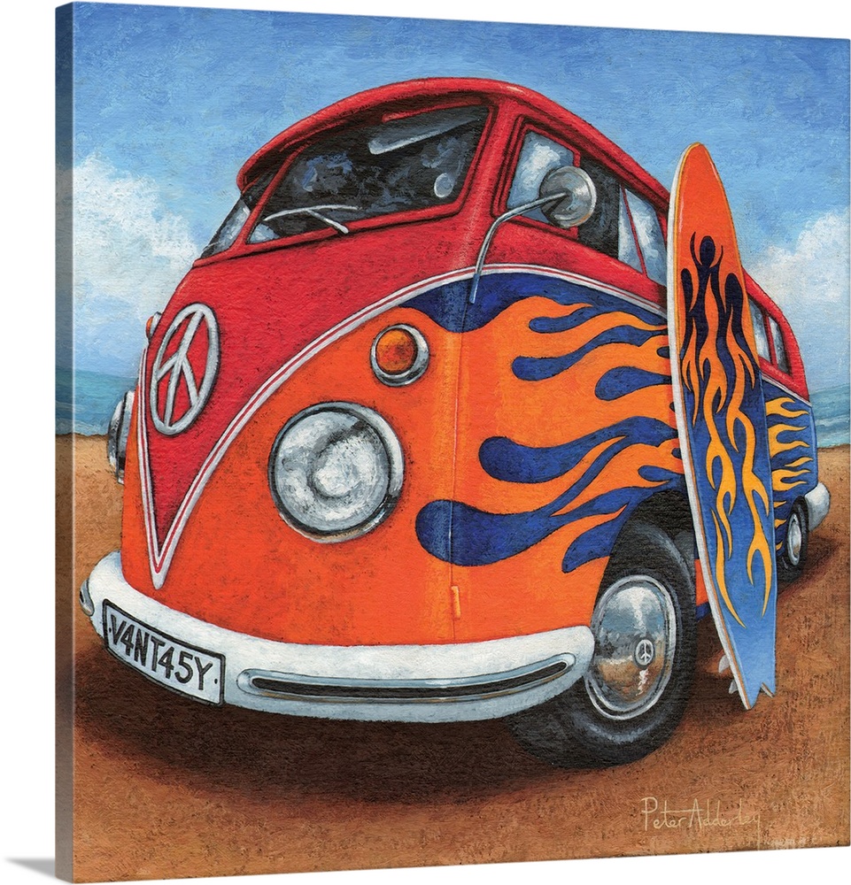 Contemporary painting of a retro VW bus with bright red flames painted on the side, with a surfboard leaning against it.