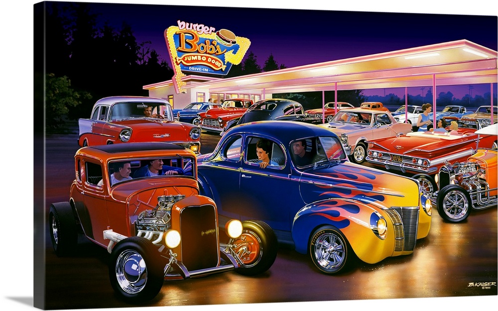 A painting of classic American muscle cars like 1932 Ford Coupe, 1940 Ford Coupe, 1956 Chevy, 1965 Pontiac GTO, and 1960 C...