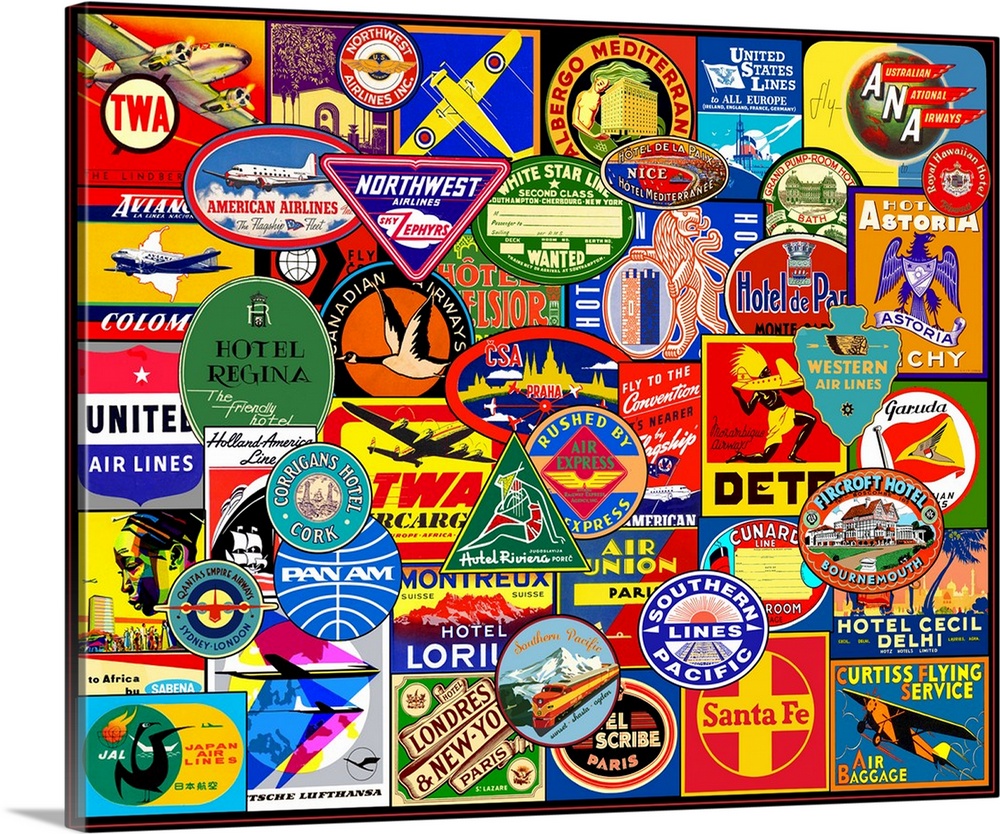 A collage of luggage labels from hotels, ships, trains and planes.