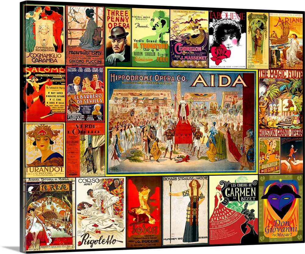 A mosaic collage of vintage Opera and theater posters.