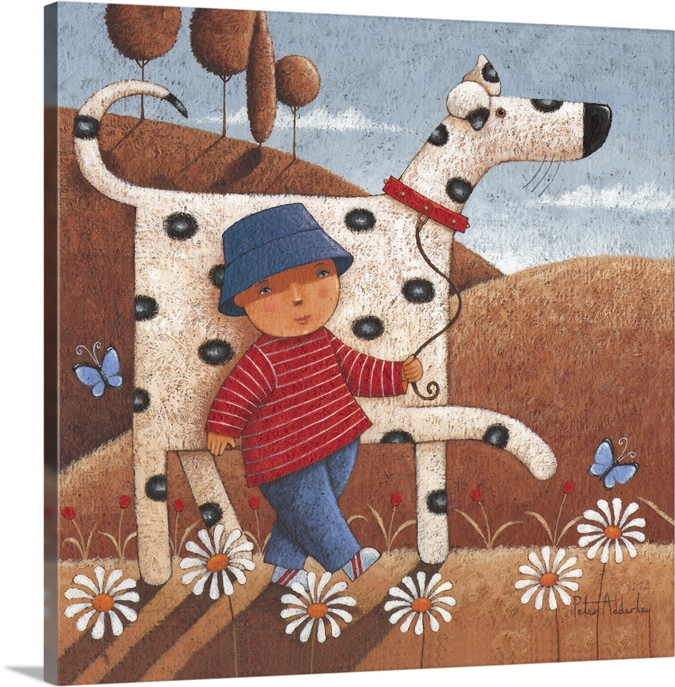 Contemporary painting of a little boy walking his dalmatian dog through flowering fields.