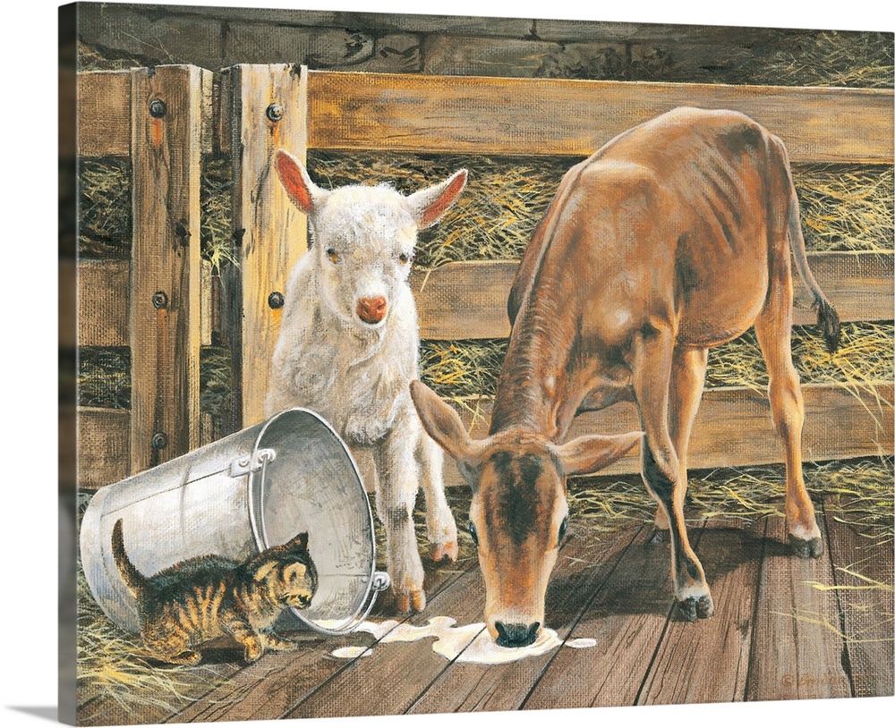 Contemporary painting of farm animals knocking over a pail of milk.