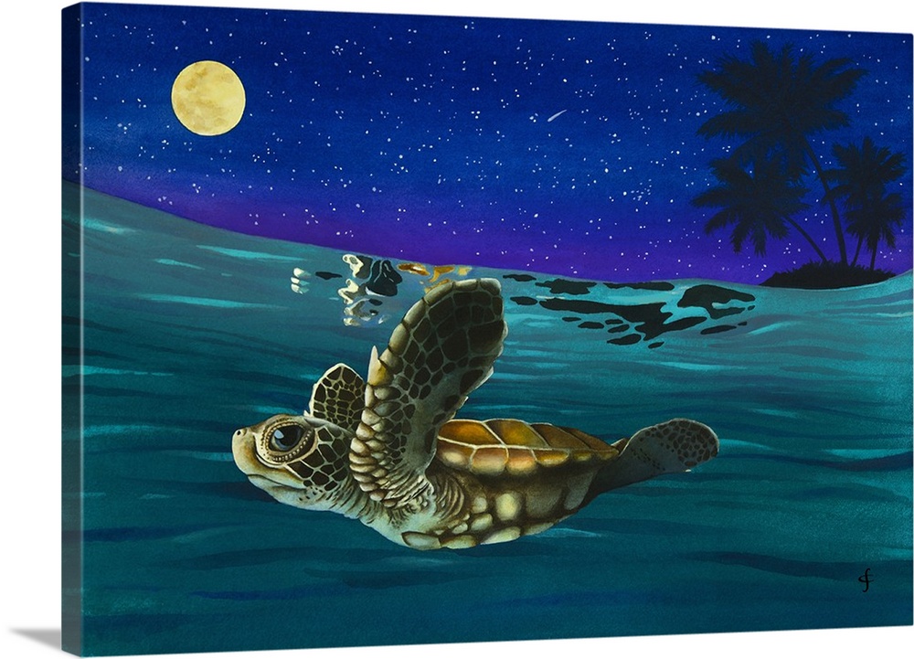 Watercolor painting of a sea turtle swimming in the ocean underneath a full moon and a starry sky.