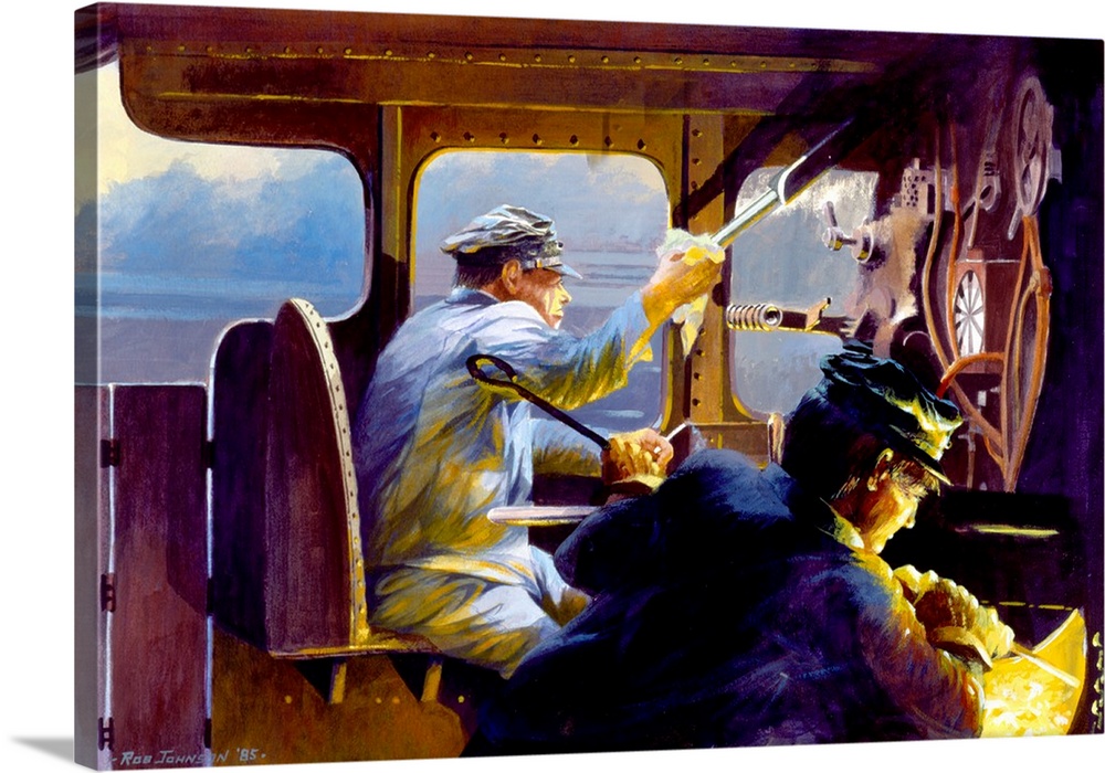 Contemporary painting train engineers driving a steam engine.