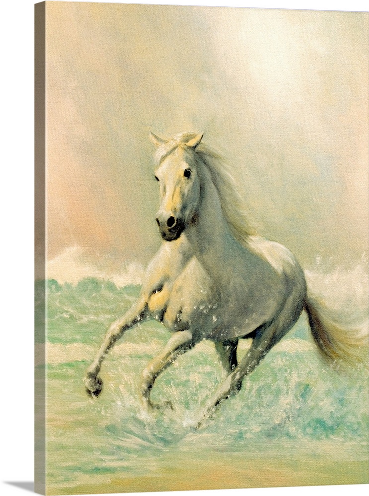 A vertical painting created with soft brush strokes of a horse running through ocean waves.