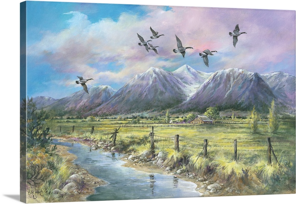 Contemporary painting a mountainous valley and an old barn in the distance, with geese flying overhead.