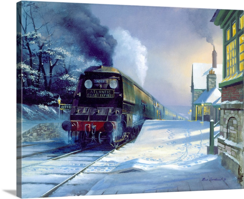 Contemporary painting of a steam engine pulling a station in snow covered town in winter.