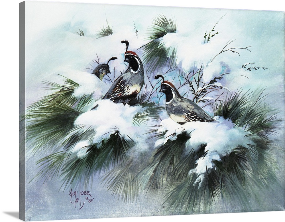 Contemporary painting of quails resting in a snowy patch of grass in winter.