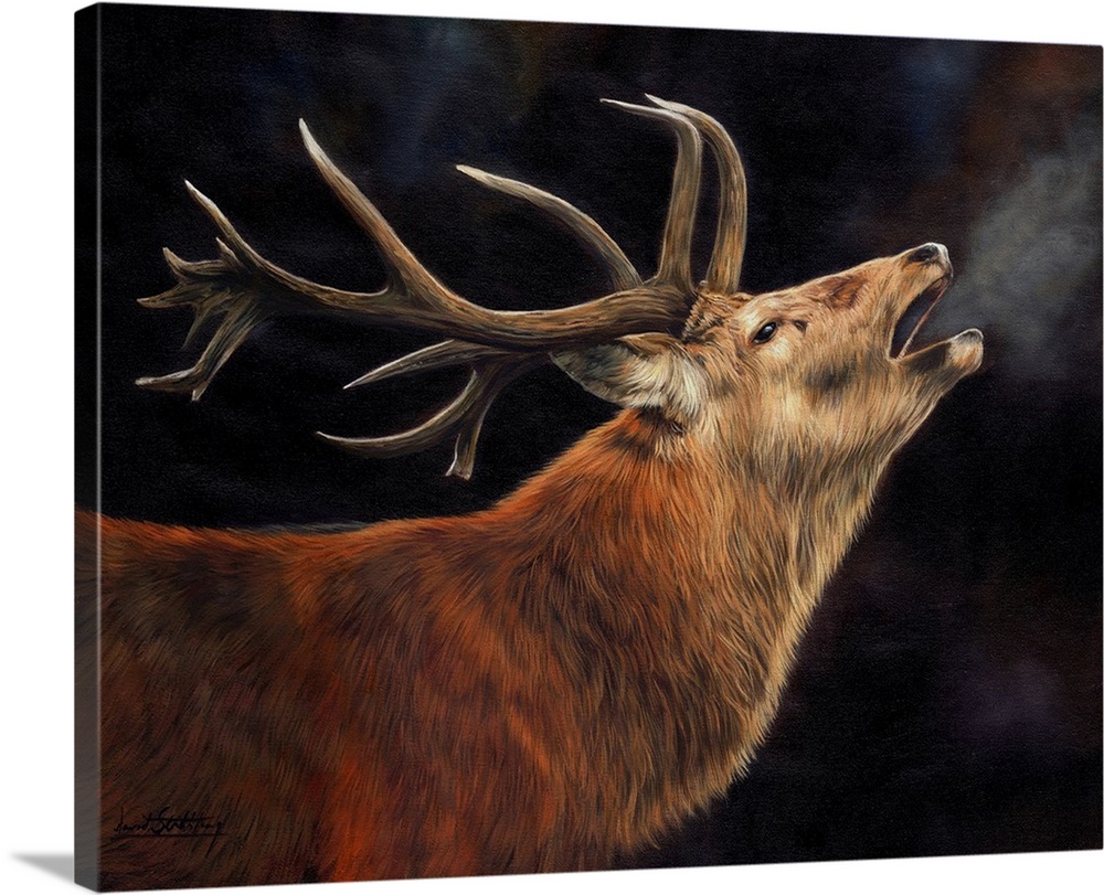 Contemporary painting of male deer bellowing into the cold air.