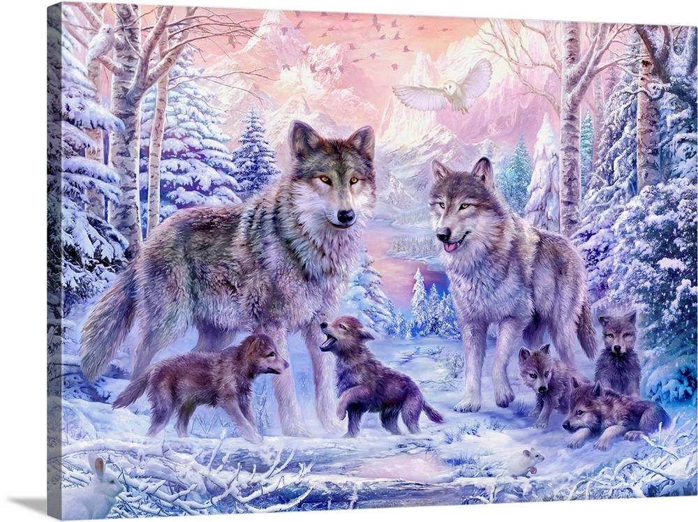 Fantasy painting of two adult wolves with their pups in a snowy landscape with rugged bright mountains in the background.