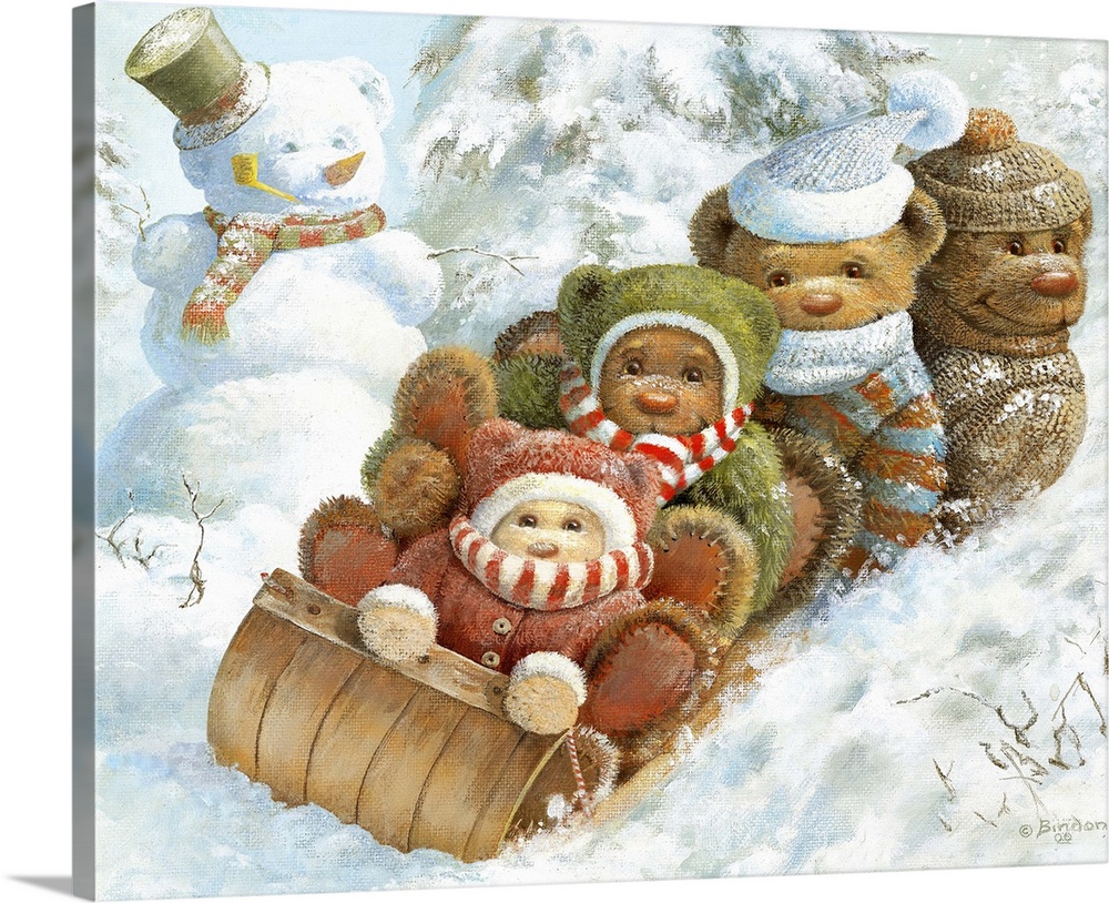 Teddy bears riding a toboggan past a snowman in winter.