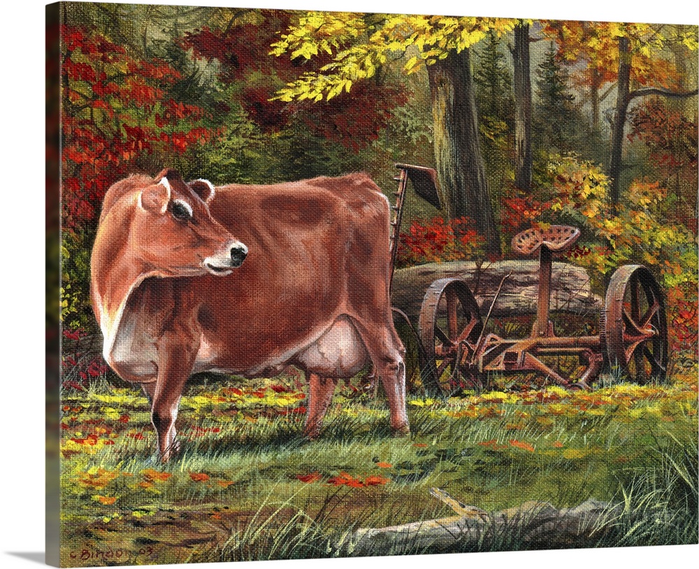 Contemporary painting of a cow in a forest clearing next to an old piece of farm equipment.