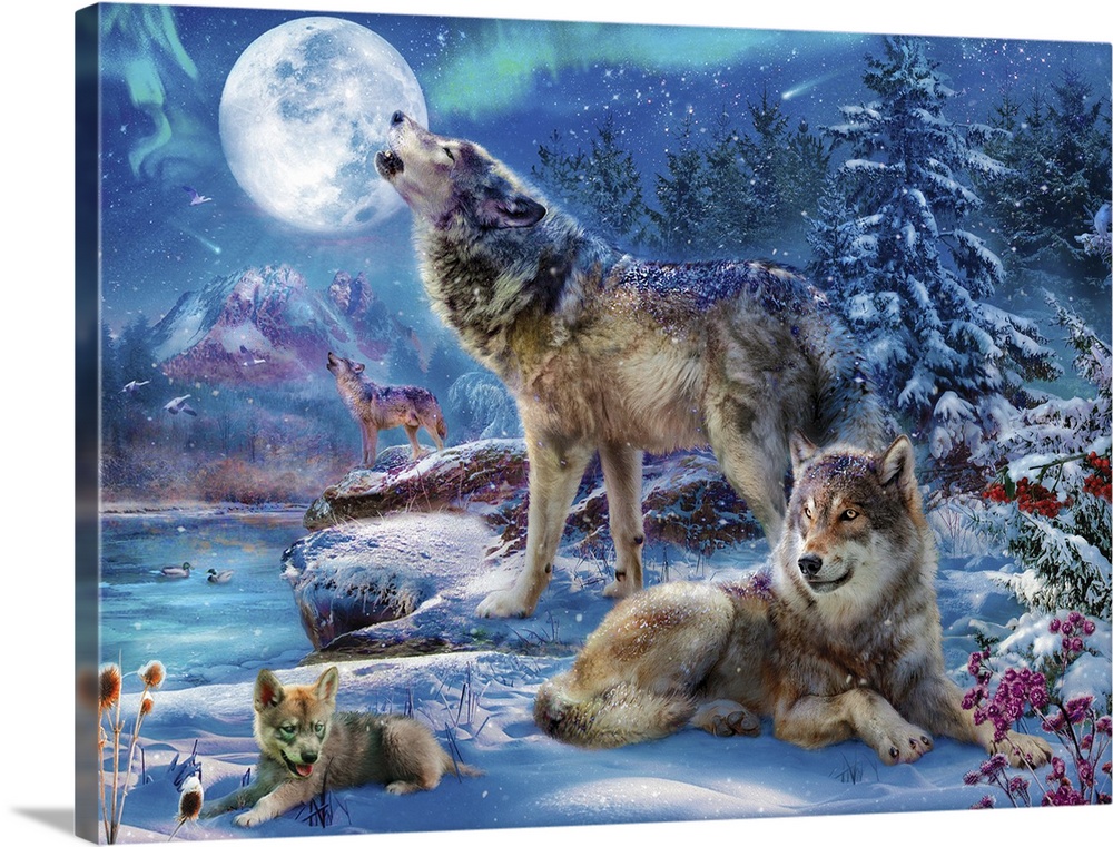 Illustration of a pack of wolves howling at the full moon in a snowy setting.