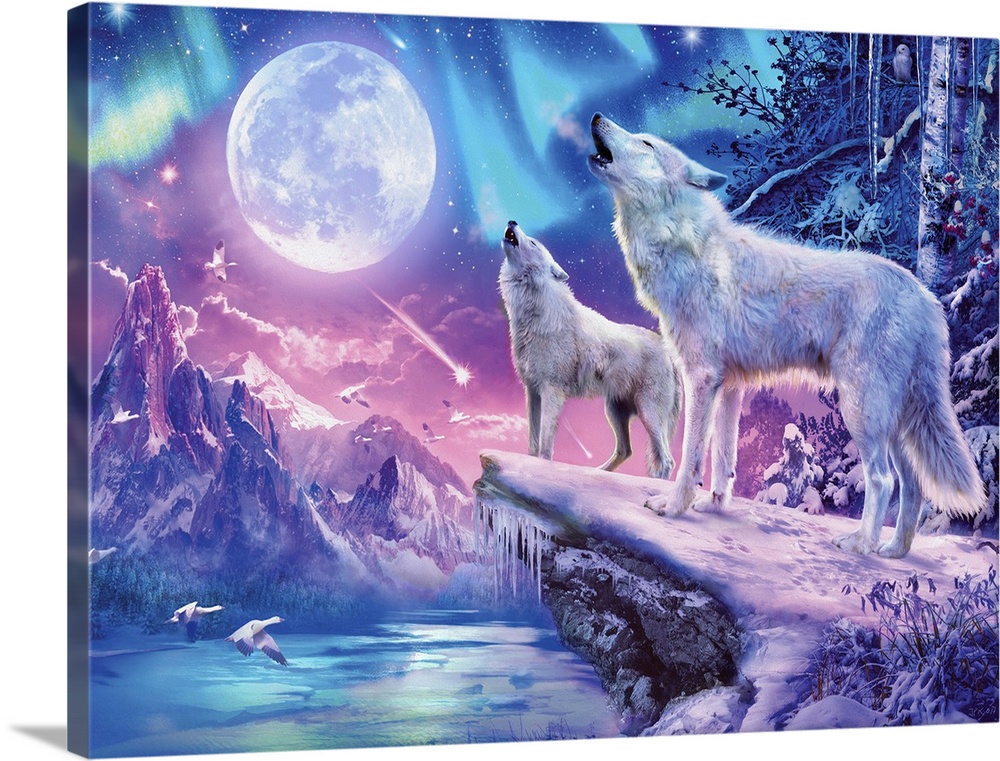 Illustration of two wolves howling at the full moon in a snowy mountain scene.