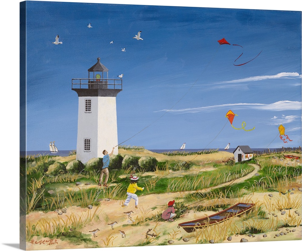 Americana scene of children flying kites near a small lightouse on the beach.