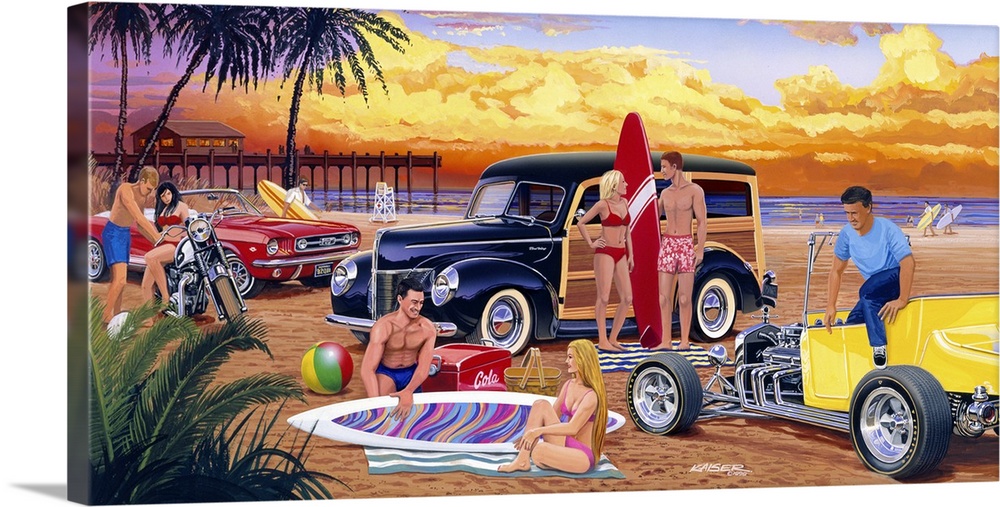 Vintage style artwork of a California beach sunset with a 1940 Ford Woody station wagon, 66 Ford Mustang and a 1923 Ford h...