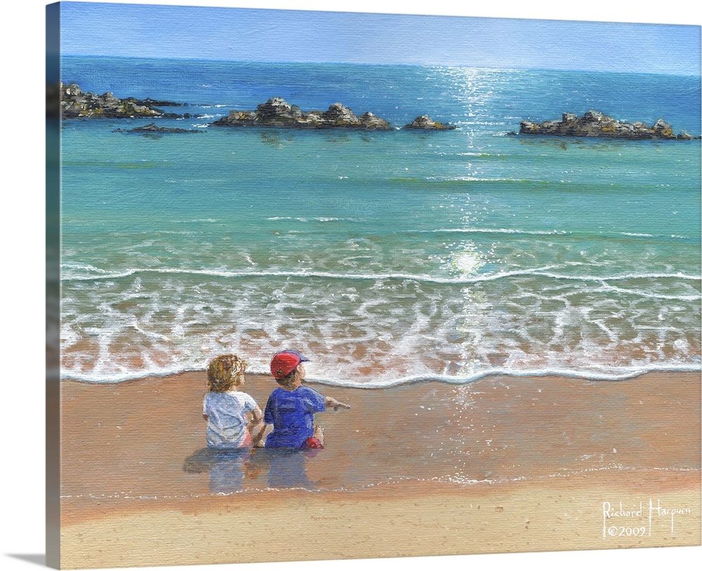 Contemporary artwork of two small children watching the tide come in on the beach.