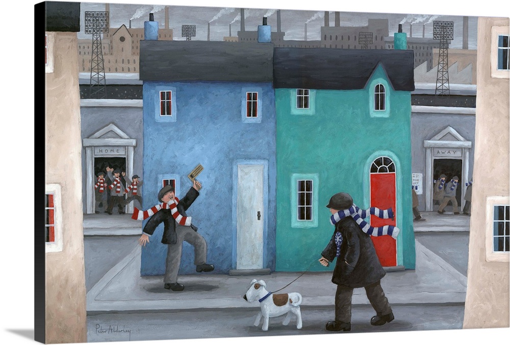 Contemporary painting of people in scarfs and hats making a commotion in the streets of a dreary looking town.