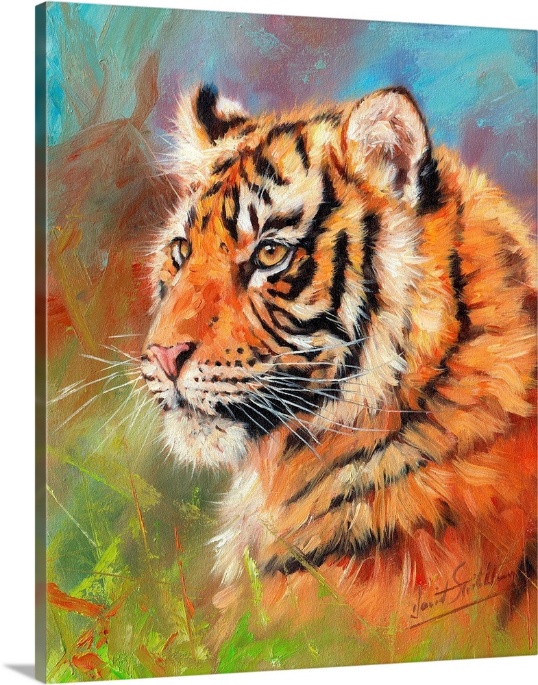 Painting of a young Siberian tiger laying on the grass looking proud and majestic.
