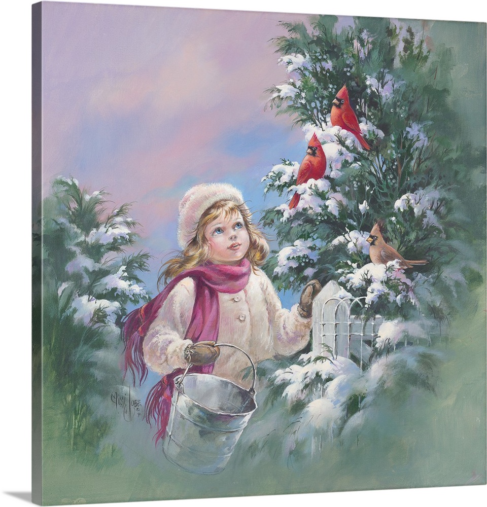 Whimsical painting of a little girl gazing a cardinals in a tree in winter.