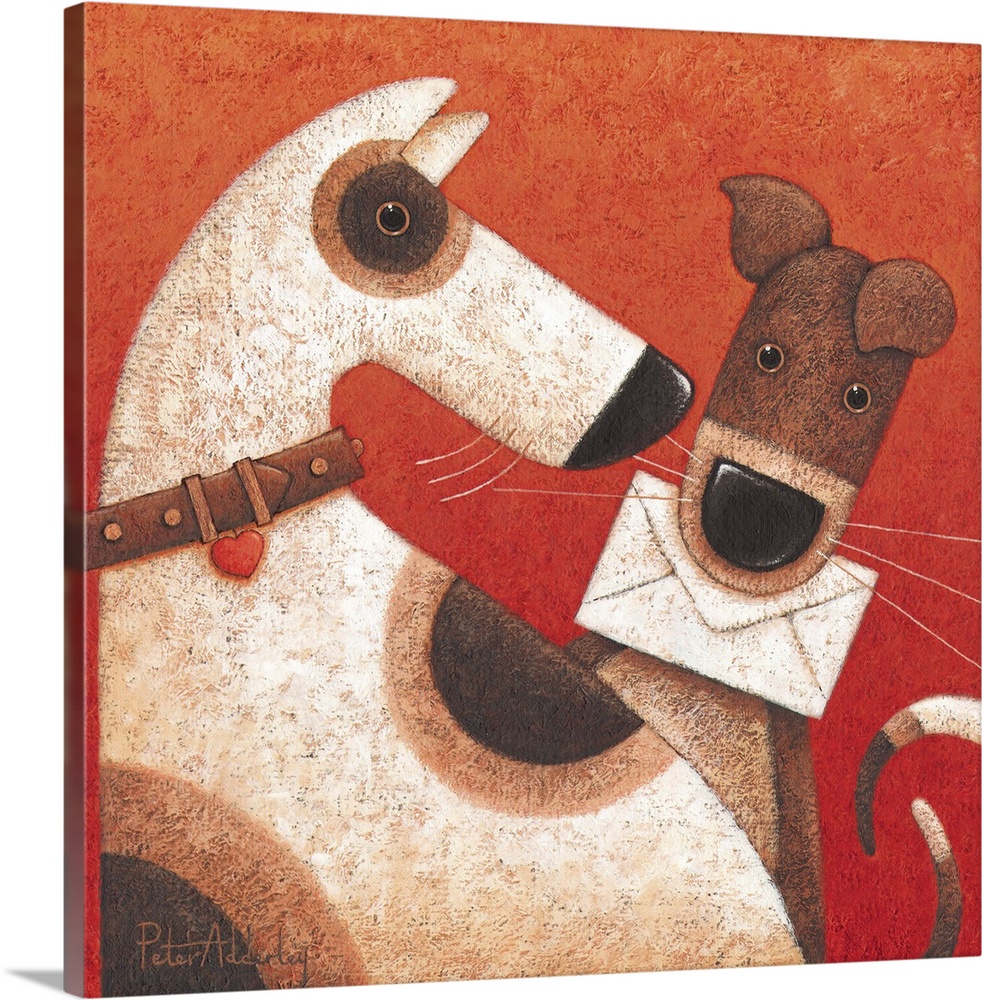 Contemporary painting of two dogs, one of which has a letter in its mouth.