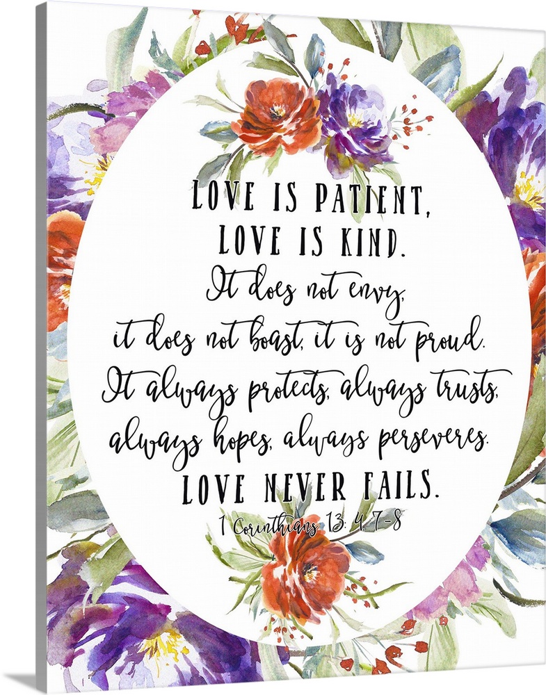 Bible verse typography art in handlettered text, framed by blooming watercolor flowers.