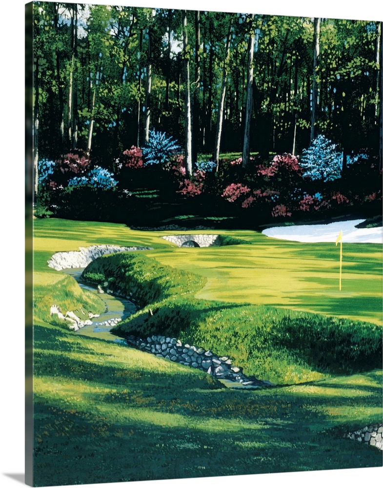 Lifelike painting of stream crossing through a golf course, past the flag towards the forested edge and a tiny stone bridge.