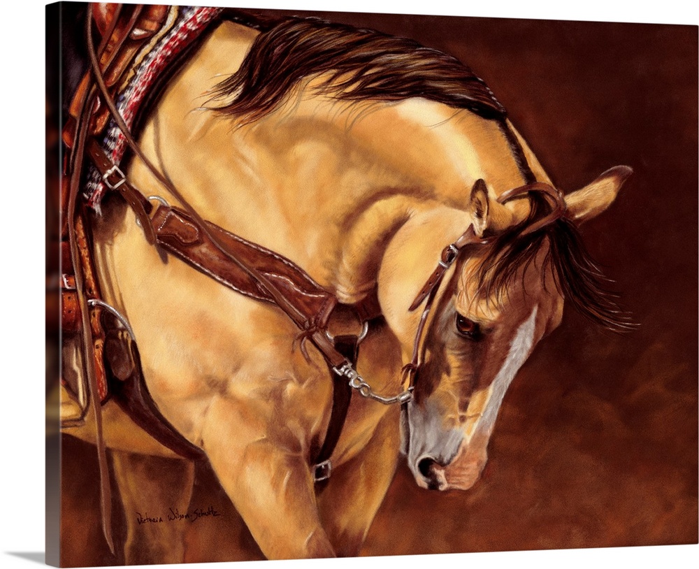 Contemporary artwork of a horse wearing a saddle with it's head bowed down on a brown background.