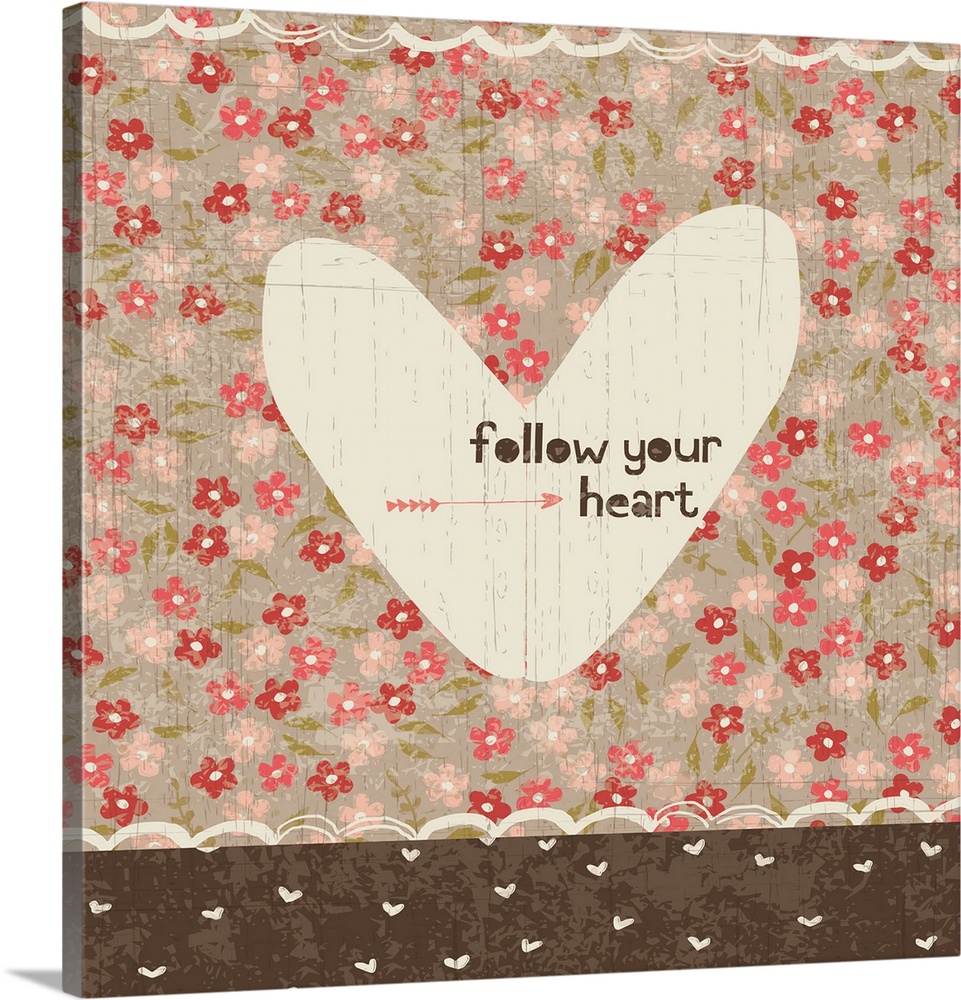 Collage style romantic artwork with a floral print background and a cut out heart.